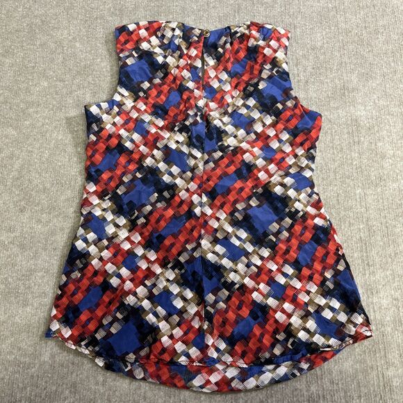 Trina Turk Silk Pleated Sleeveless Shell Top Small USA Red White Blue Geometric - Picture 2 of 6